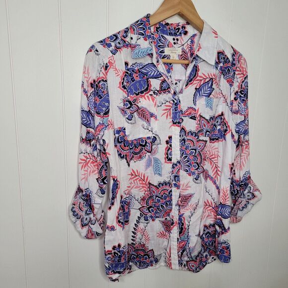 Charter Club Linen Top Womens Size Medium Floral Button Up Long Sleeve - Picture 2 of 6